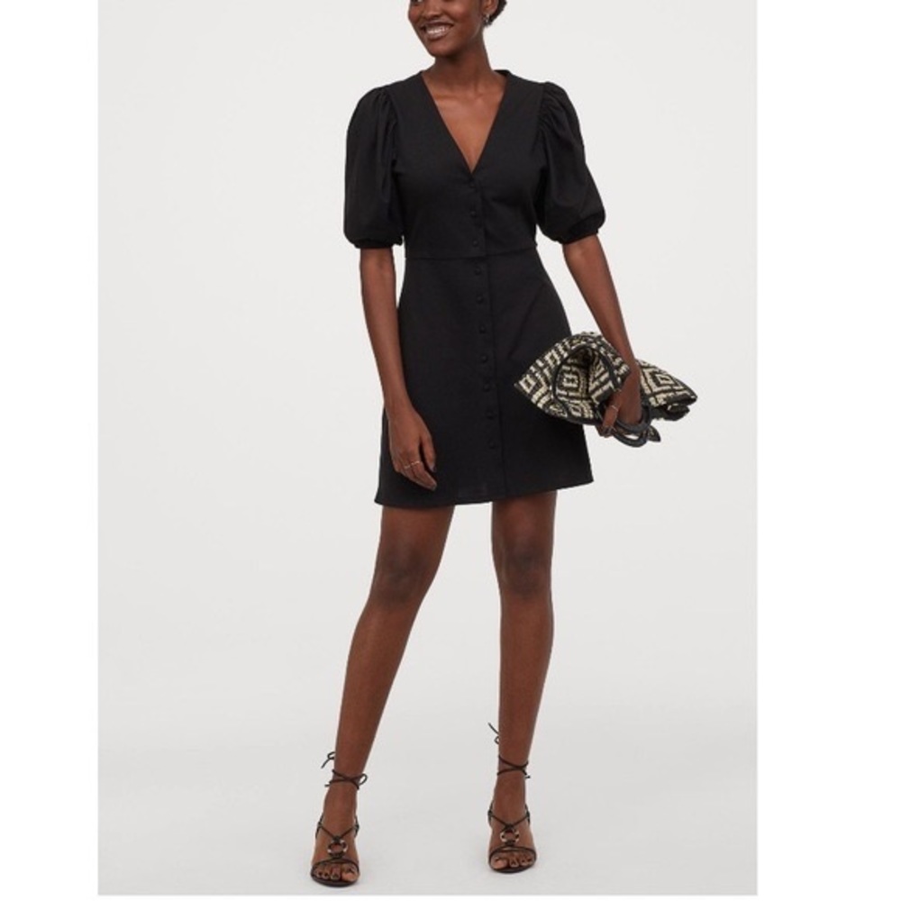 H&M Black Puff Sleeve Button Down Cotton Mini Dress Medium